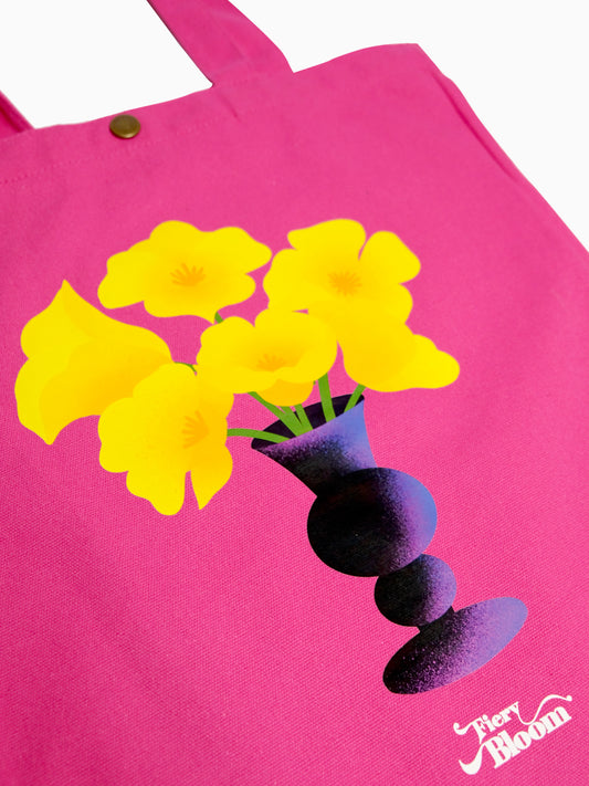 Magenta Canvas Tote Bag – Yellow Poppy Flower Vase Illustration