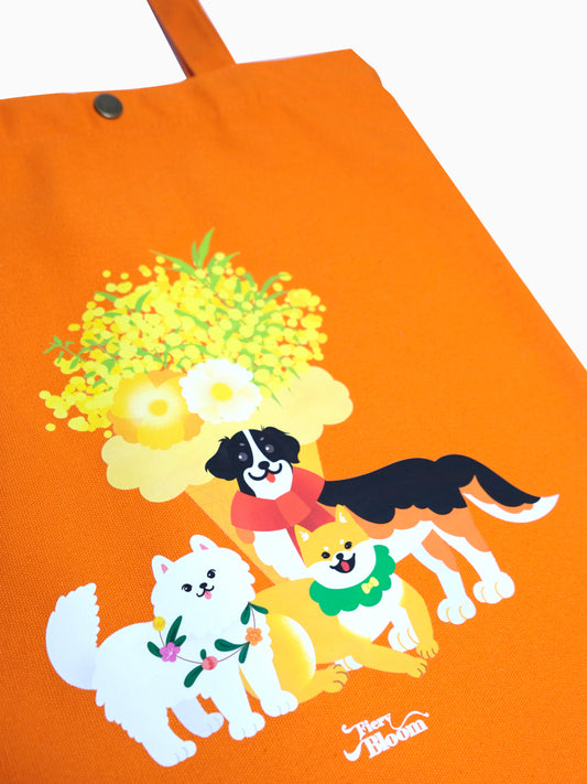 Cute Dog Canvas Tote Bag – Shiba, Samoyed & St. Bernard with Yellow Flowers