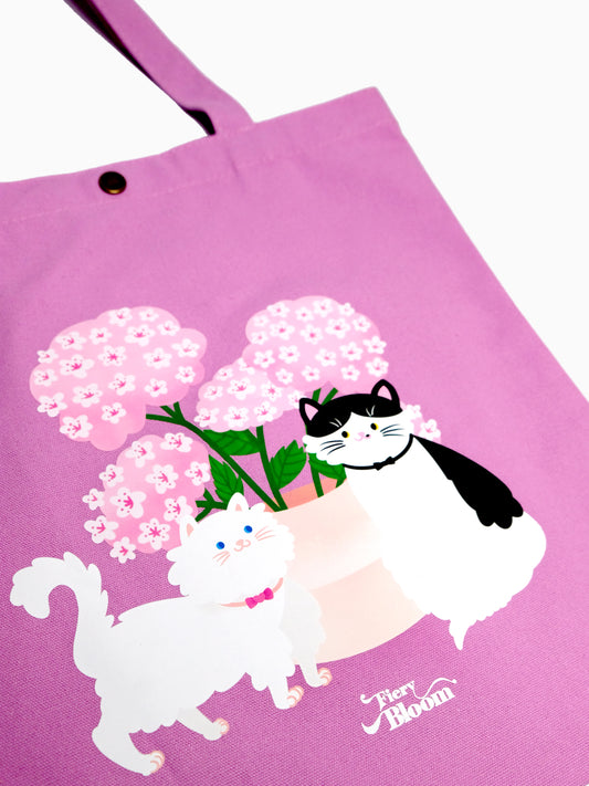 Cute Cat Canvas Tote Bag – Pink Floral Design with Two Cats