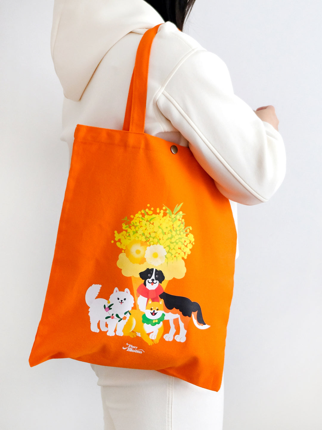 Cute Dog Canvas Tote Bag – Shiba, Samoyed & St. Bernard with Yellow Flowers