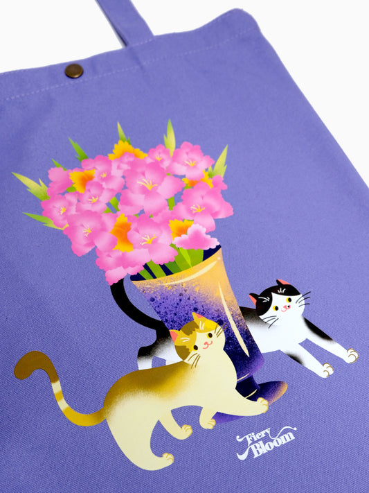 Purple Cat Canvas Tote Bag – Two Running Cats & Floral Design