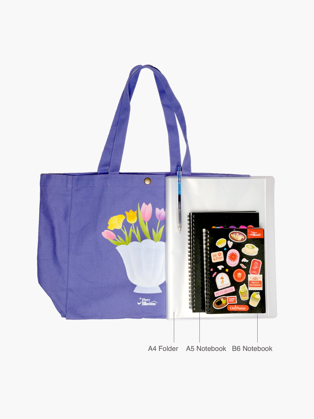 Purple Canvas Tote – Shell-Shaped Vase with Tulips