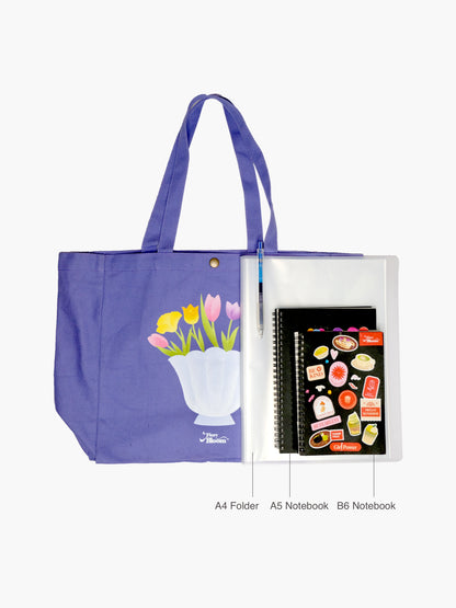 Purple Canvas Tote – Shell-Shaped Vase with Tulips