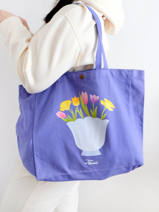 Large Floral Canvas Tote Bag - Purple