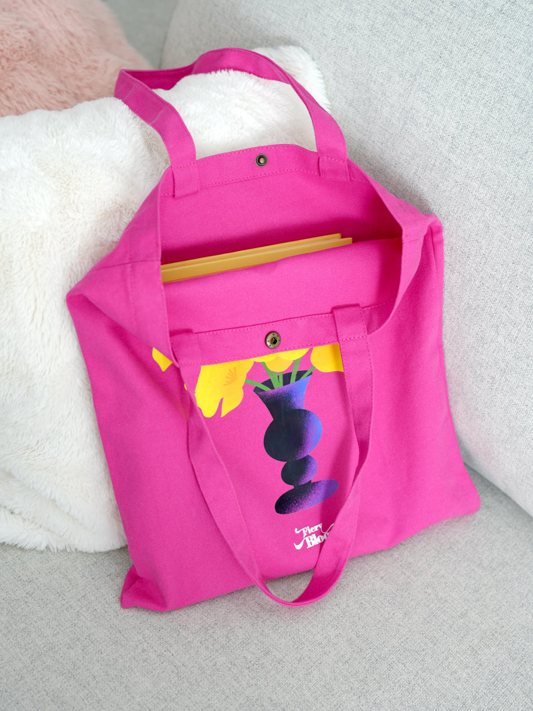 Magenta Canvas Tote Bag – Yellow Poppy Flower Vase Illustration