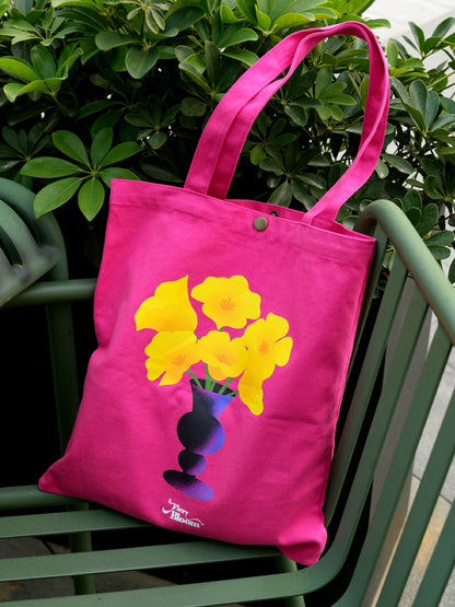 Magenta Canvas Tote Bag – Yellow Poppy Flower Vase Illustration