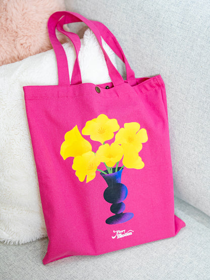 Magenta Canvas Tote Bag – Yellow Poppy Flower Vase Illustration